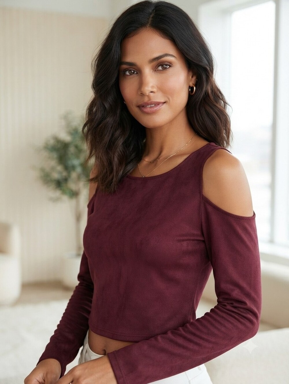 Cold-Shoulder Long Sleeve Top in Burgundy by Contempo